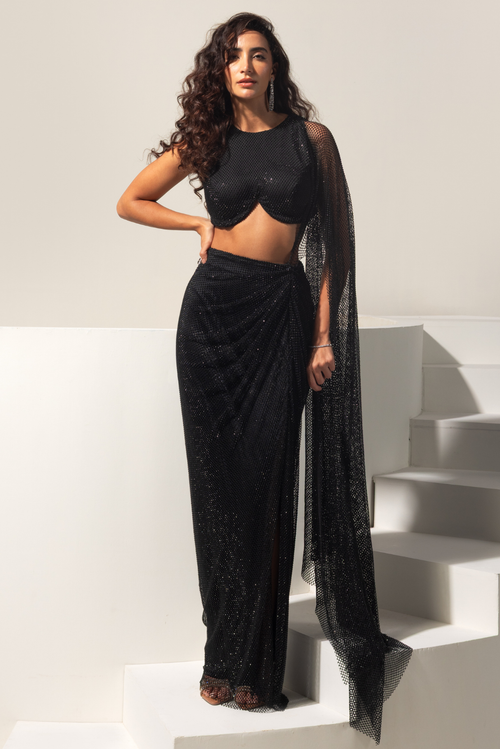 Black Swarovski Pre draped Saree with Blouse - Eclipse