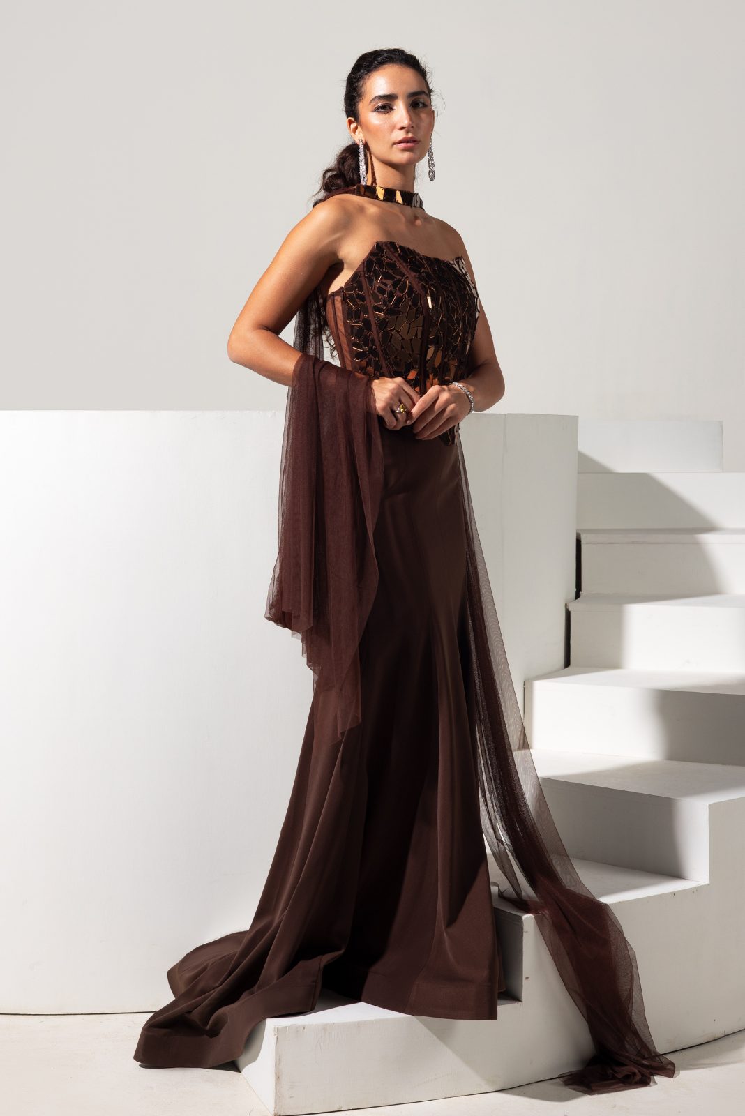 Brown Corset with Fishcut Skirt and Choker - Mocha