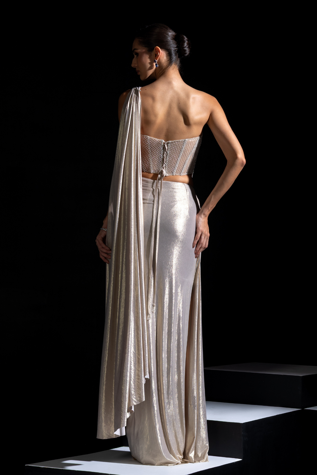 Champagne Embellished Corset with Pre draped Saree - Halo