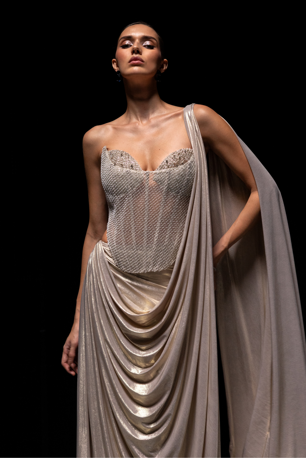 Champagne Embellished Corset with Pre draped Saree - Halo