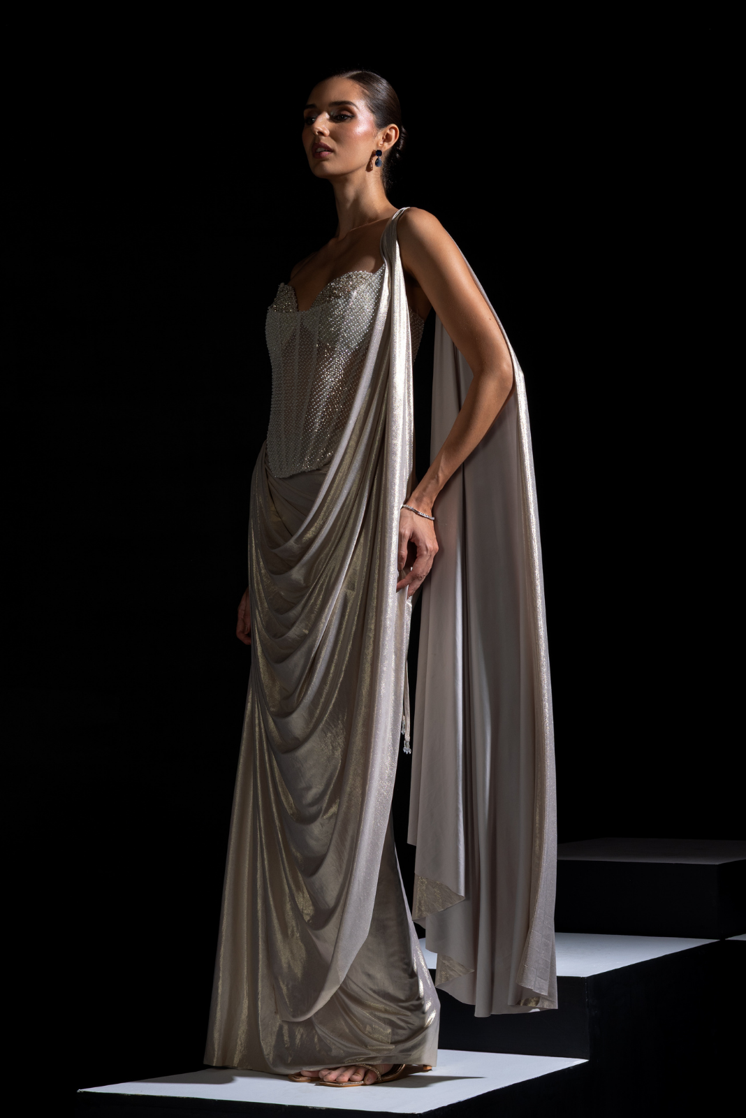 Champagne Embellished Corset with Pre draped Saree - Halo
