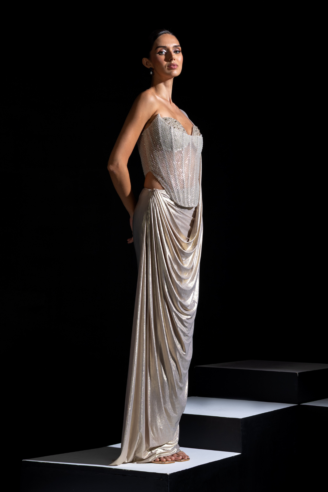 Champagne Embellished Corset with Pre draped Saree - Halo