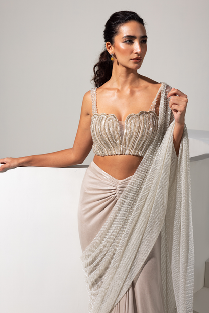 Champagne Full Embroidered Blouse with Ready to Wear Saree - Aurora