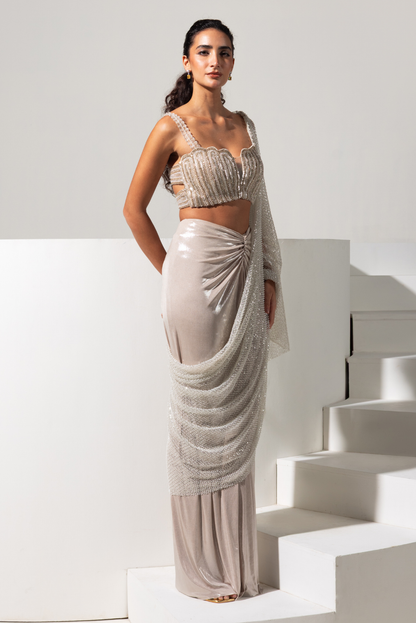 Champagne Full Embroidered Blouse with Ready to Wear Saree - Aurora