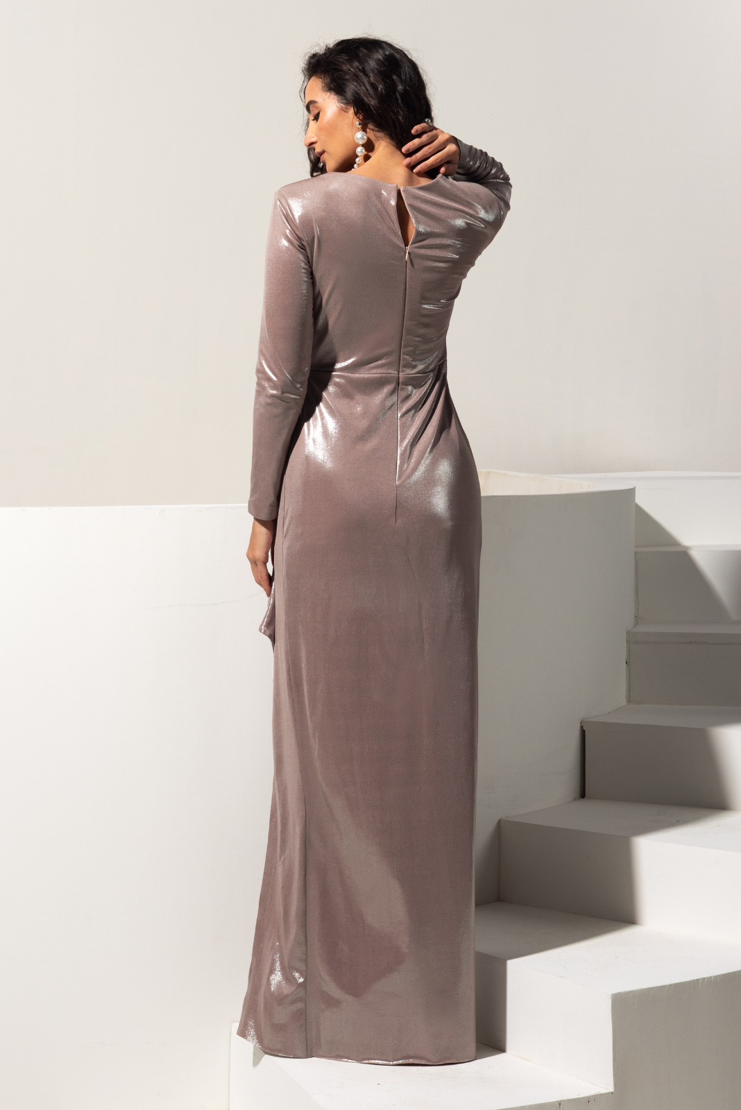 Champagne Full Sleeves Drape Gown - Brunette
