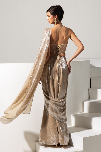 Champagne Gold Sequence Pre draped Saree set - Lustre