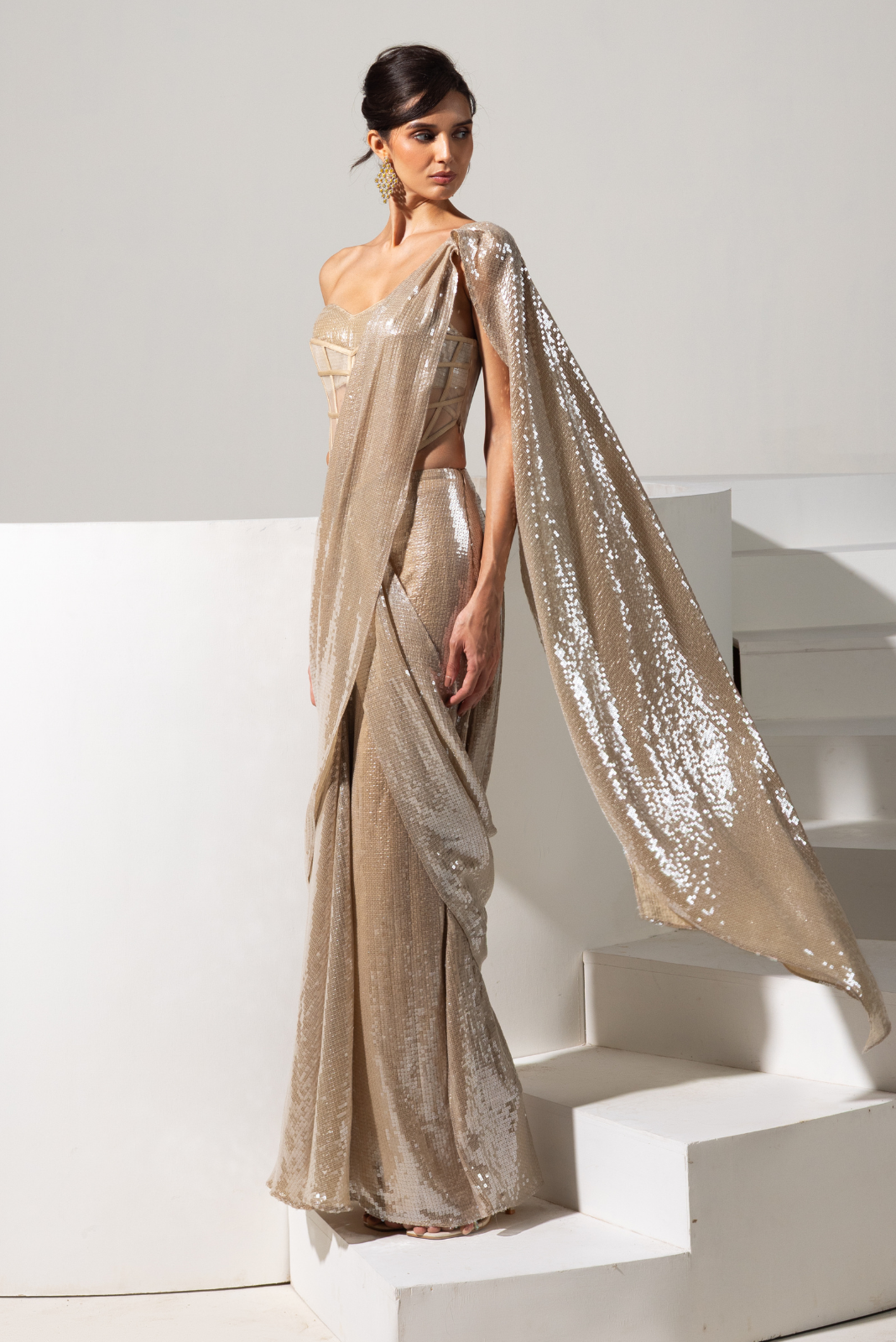 Champagne Gold Sequence Pre draped Saree set - Lustre