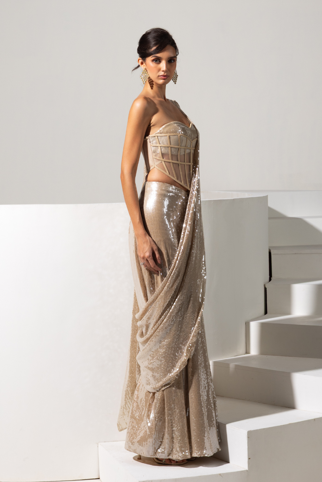 Champagne Gold Sequence Pre draped Saree set - Lustre