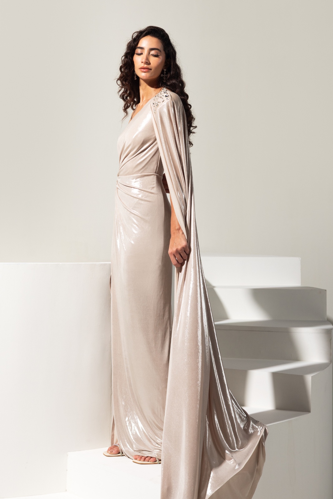 Champagne One Shoulder Gown with Slit - Platina