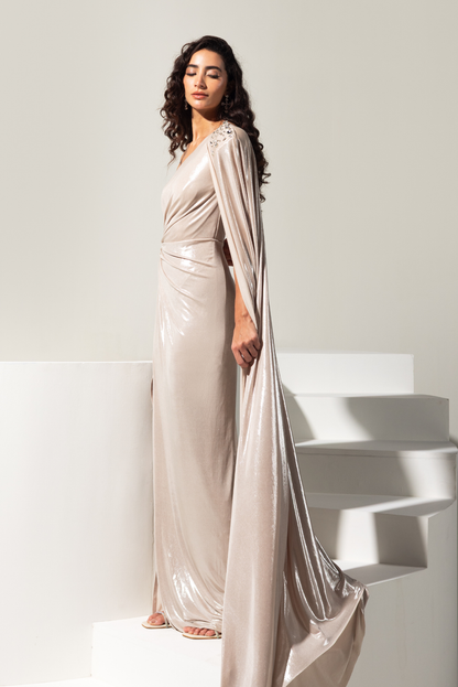 Champagne One Shoulder Gown with Slit - Platina