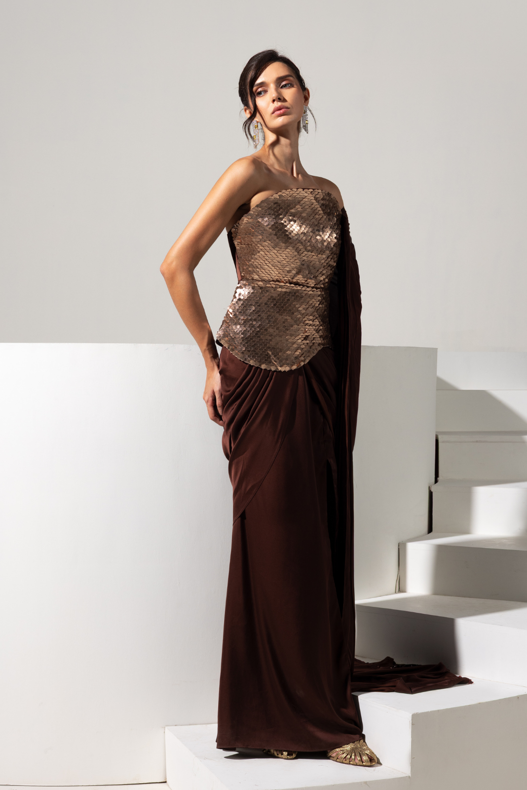 Chocolate Brown 3d Fishfin Embroidery Corset and Drape Skirt - Truffle
