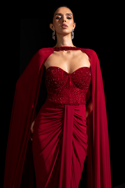 Deep Red Crystal Embellished Gown with Choker - Rouge