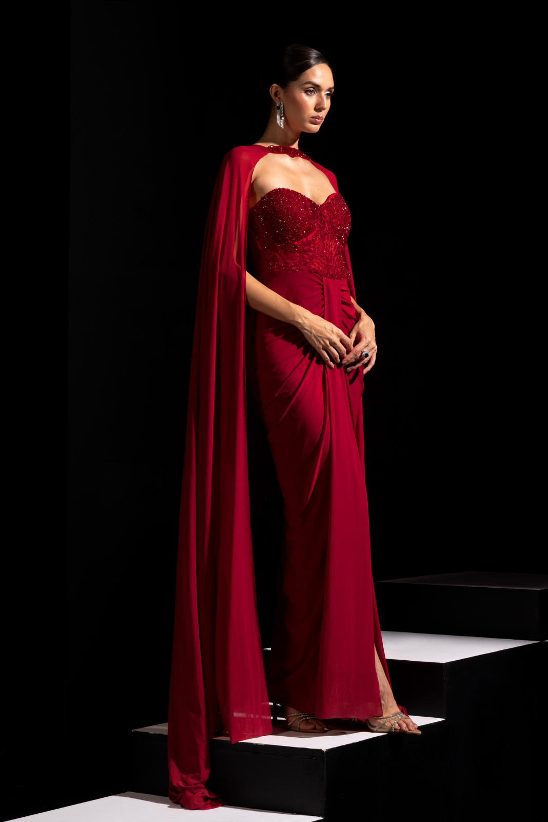 Deep Red Crystal Embellished Gown with Choker - Rouge