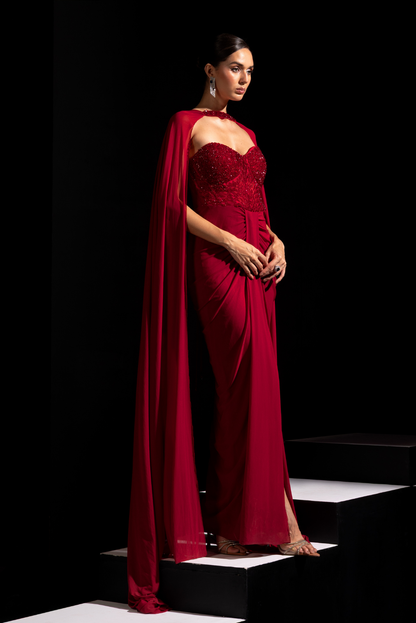 Deep Red Crystal Embellished Gown with Choker - Rouge