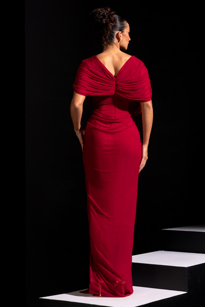 Deep Red Draped Ring Gown - Ruby