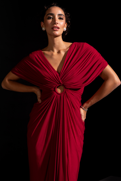 Deep Red Draped Ring Gown - Ruby