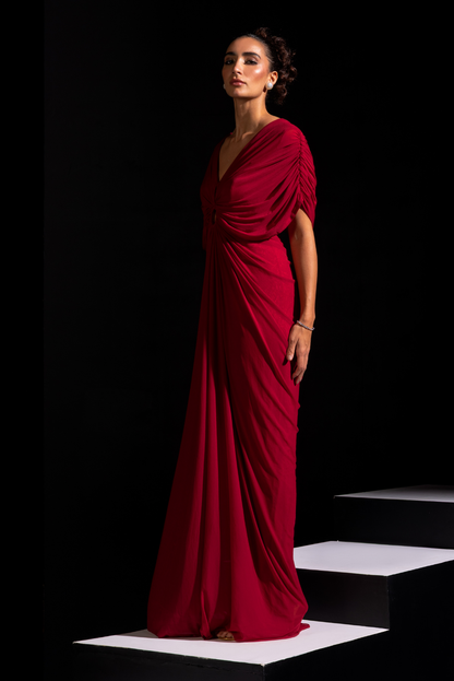 Deep Red Draped Ring Gown - Ruby