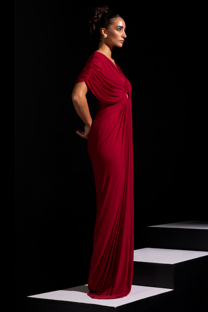 Deep Red Draped Ring Gown - Ruby