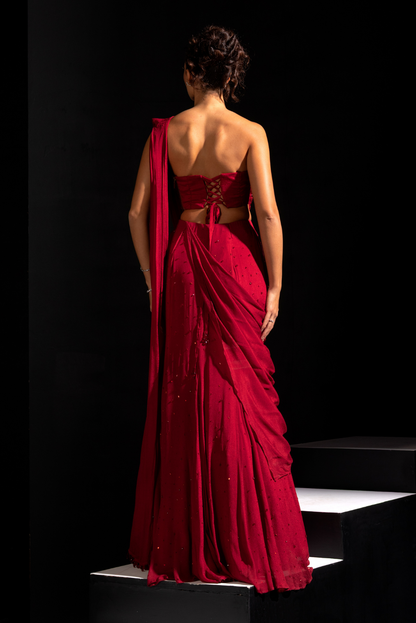 Deep Red Embroidery Corset and Lehenga Drape Set - Crimson