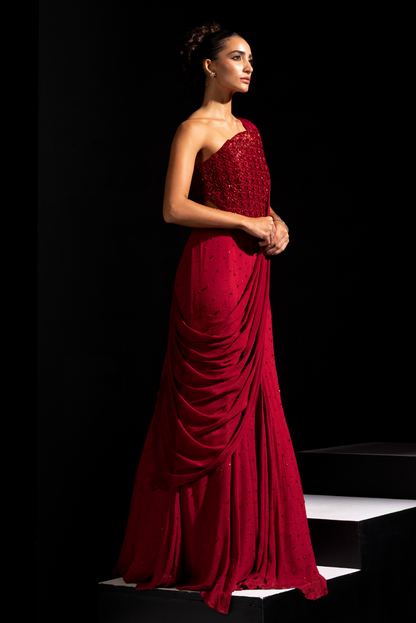 Deep Red Embroidery Corset and Lehenga Drape Set - Crimson
