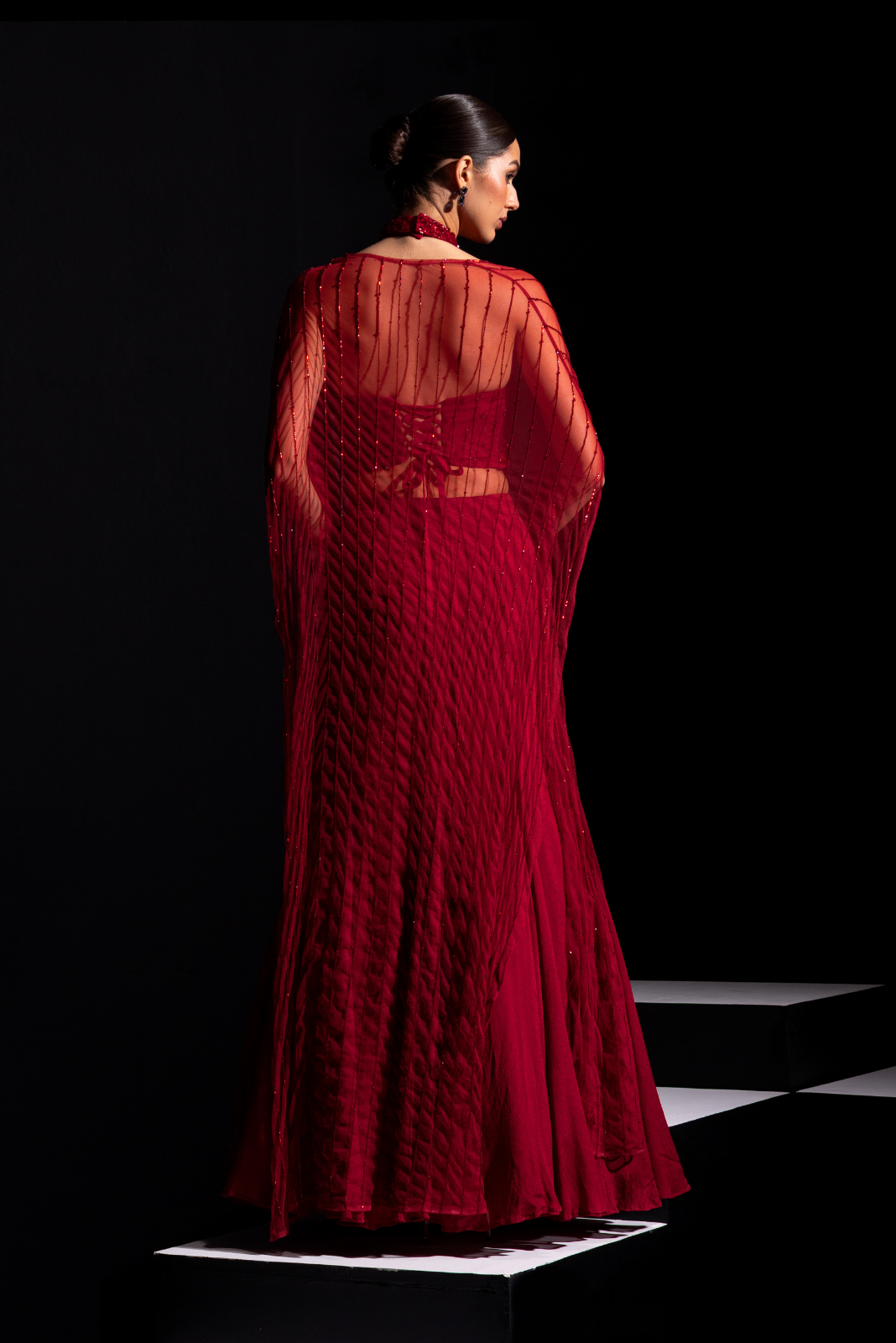 Deep Red Halter Neck Blouse with Fish cut Skirt and Embroidered Cape - Scarlet