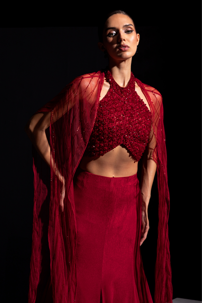 Deep Red Halter Neck Blouse with Fish cut Skirt and Embroidered Cape - Scarlet