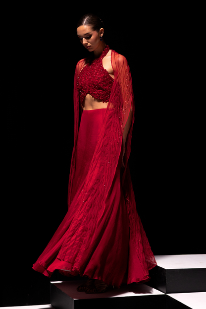Deep Red Halter Neck Blouse with Fish cut Skirt and Embroidered Cape - Scarlet