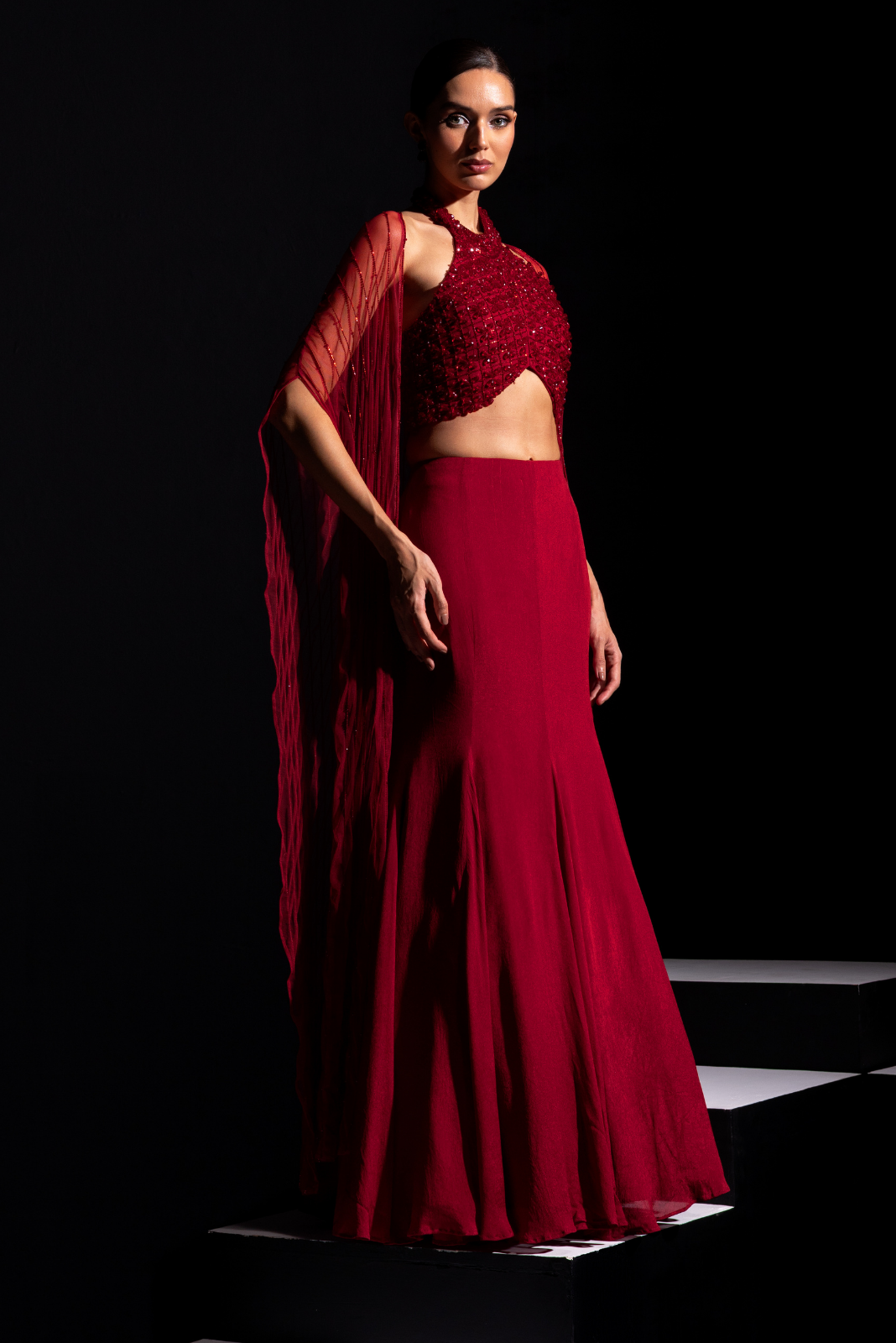 Deep Red Halter Neck Blouse with Fish cut Skirt and Embroidered Cape - Scarlet