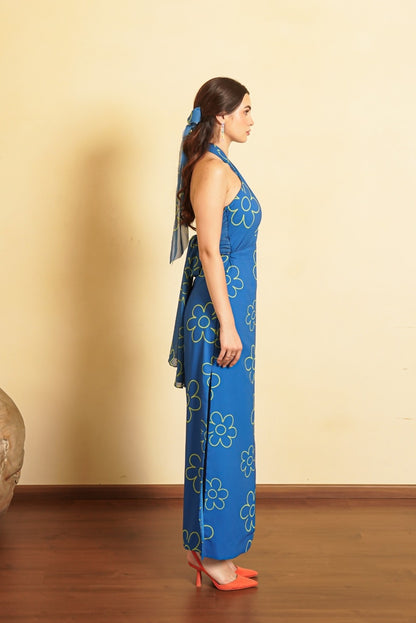 Electric Blue Printed Halter Neck Dress Vesture Electric Blue Printed Halter Neck Dress Vesture