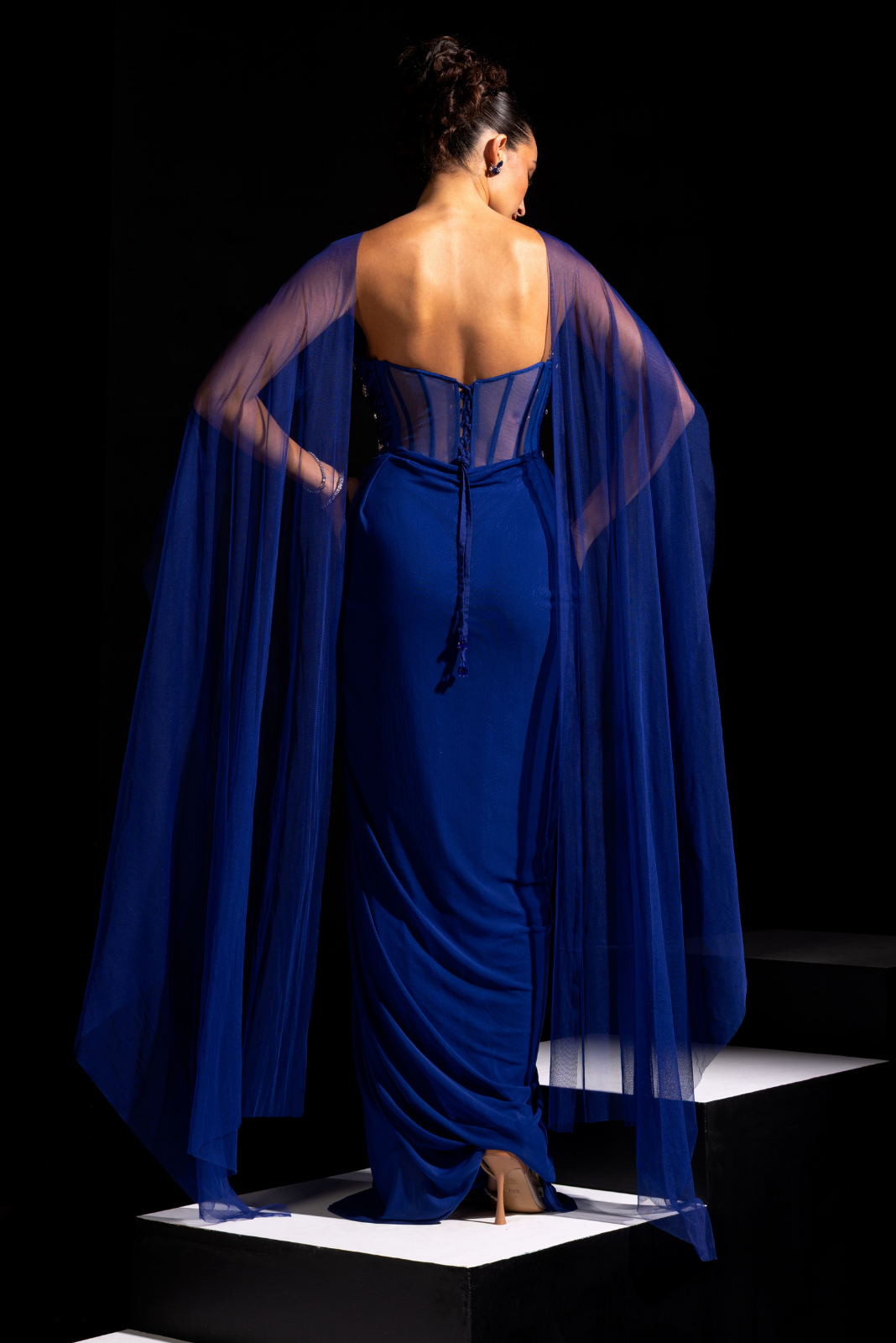 Electric Blue Asymmetrical Bodice Gown with Embroidered Choker - Shock wave