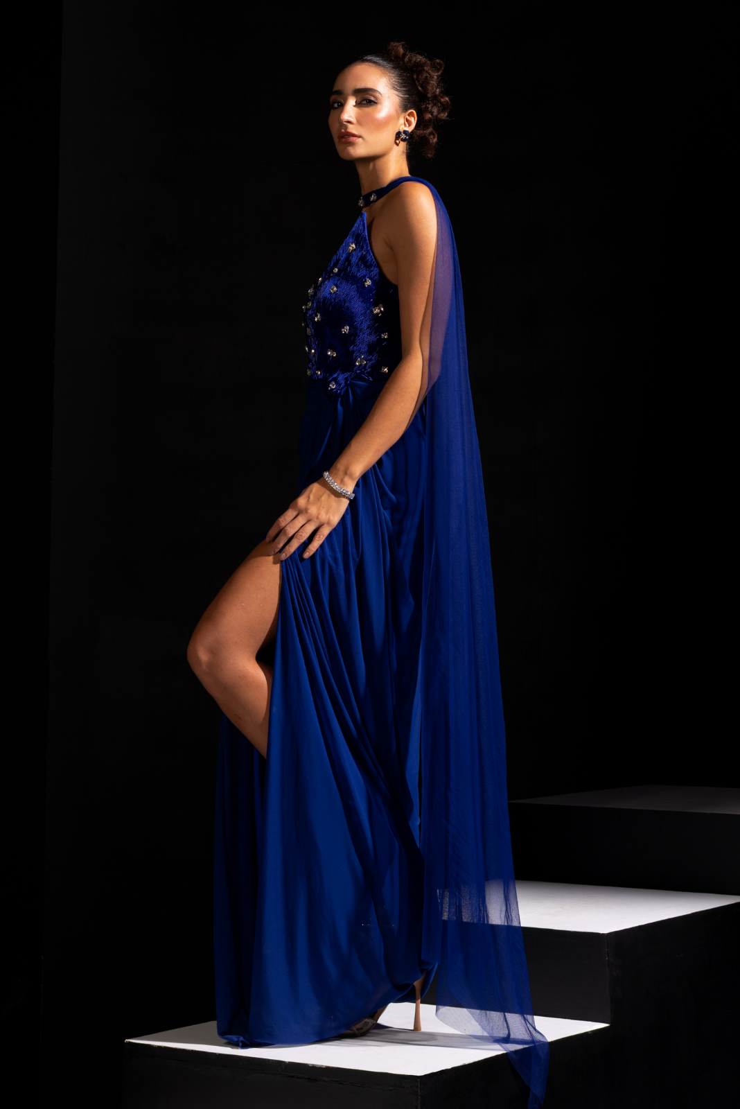 Electric Blue Asymmetrical Bodice Gown with Embroidered Choker - Shock wave