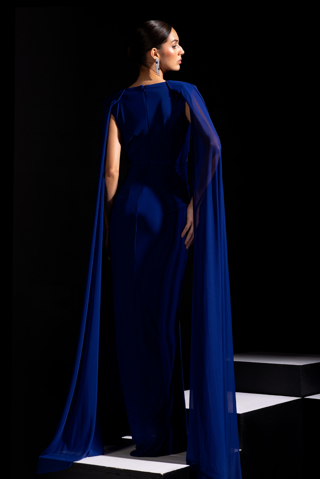 Electric Blue Cut Out Gown with Long Cape Sleeves - Azure