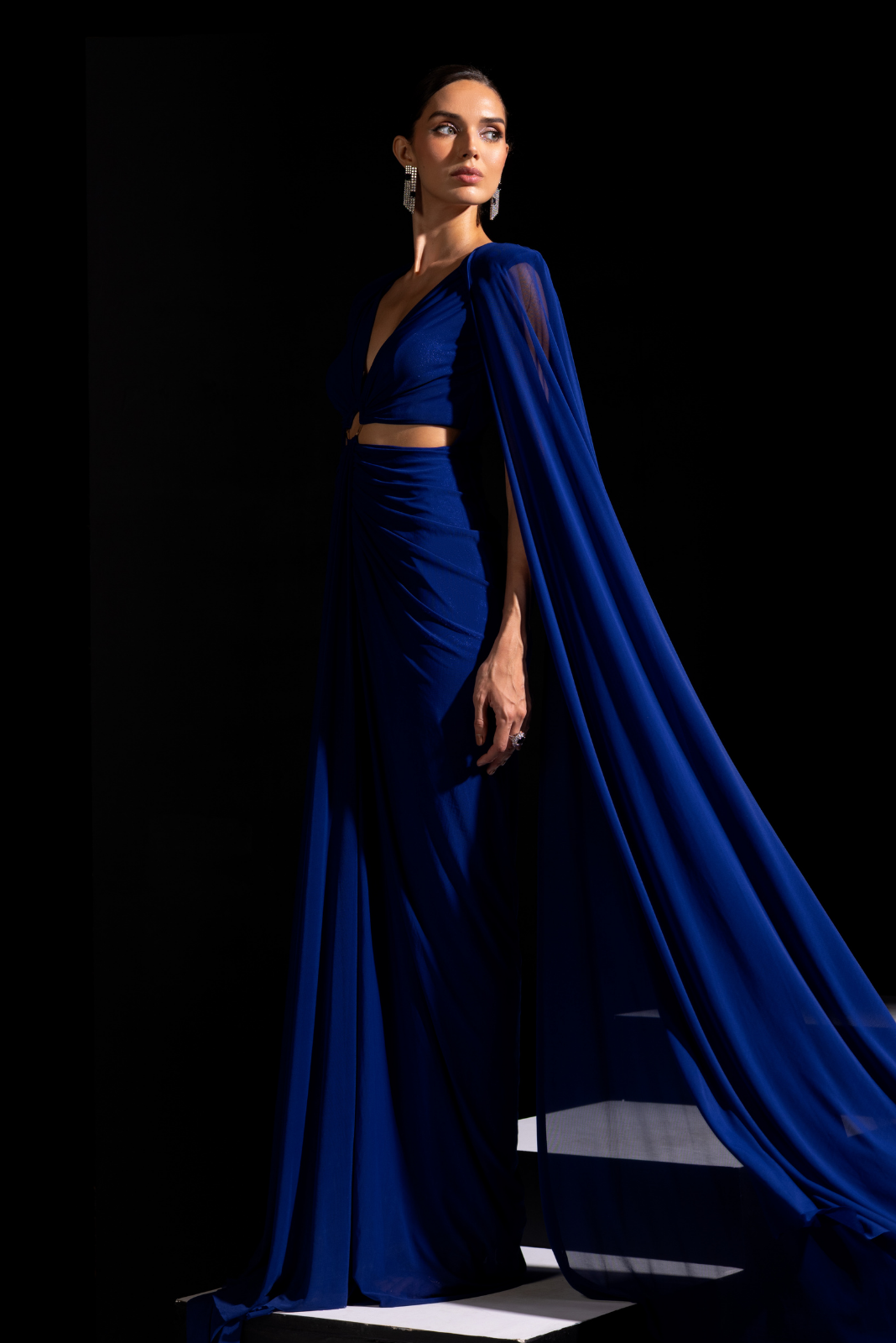 Electric Blue Cut Out Gown with Long Cape Sleeves - Azure