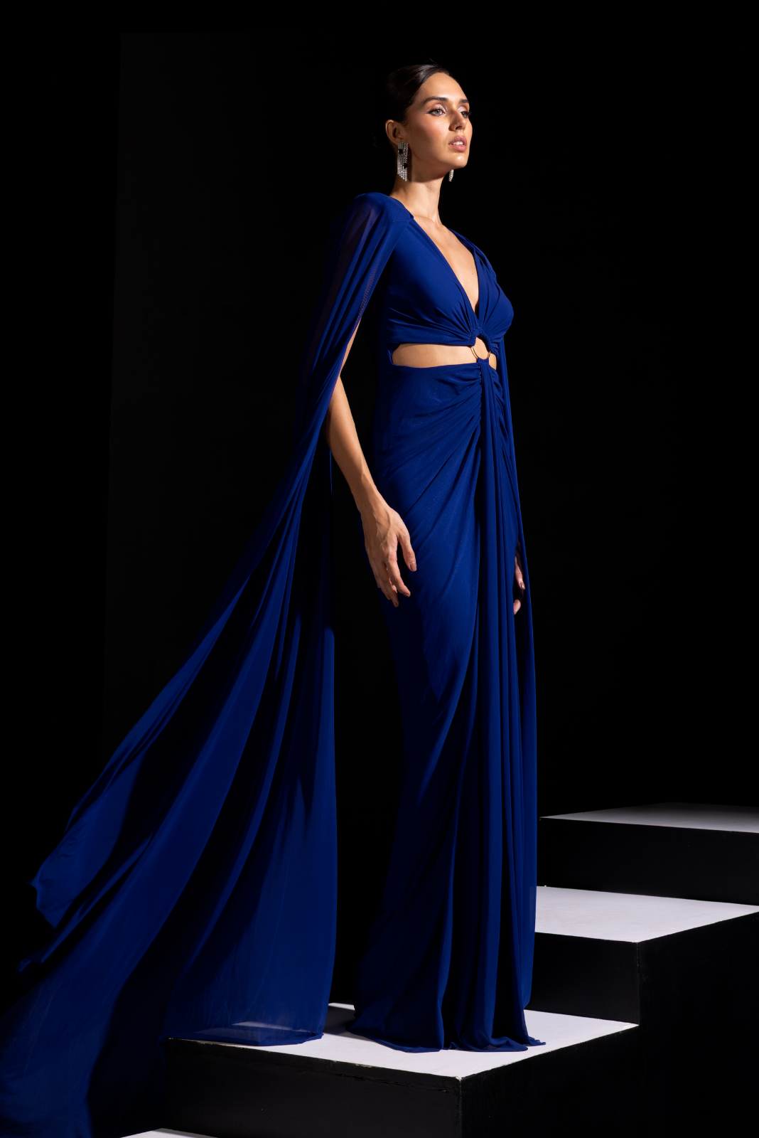 Electric Blue Cut Out Gown with Long Cape Sleeves - Azure
