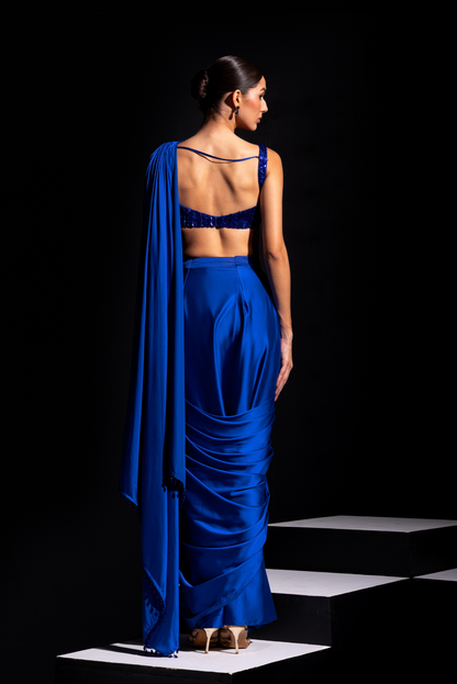 Electric Blue Metallic Embroidery Blouse with Pre draped Saree - Vivid