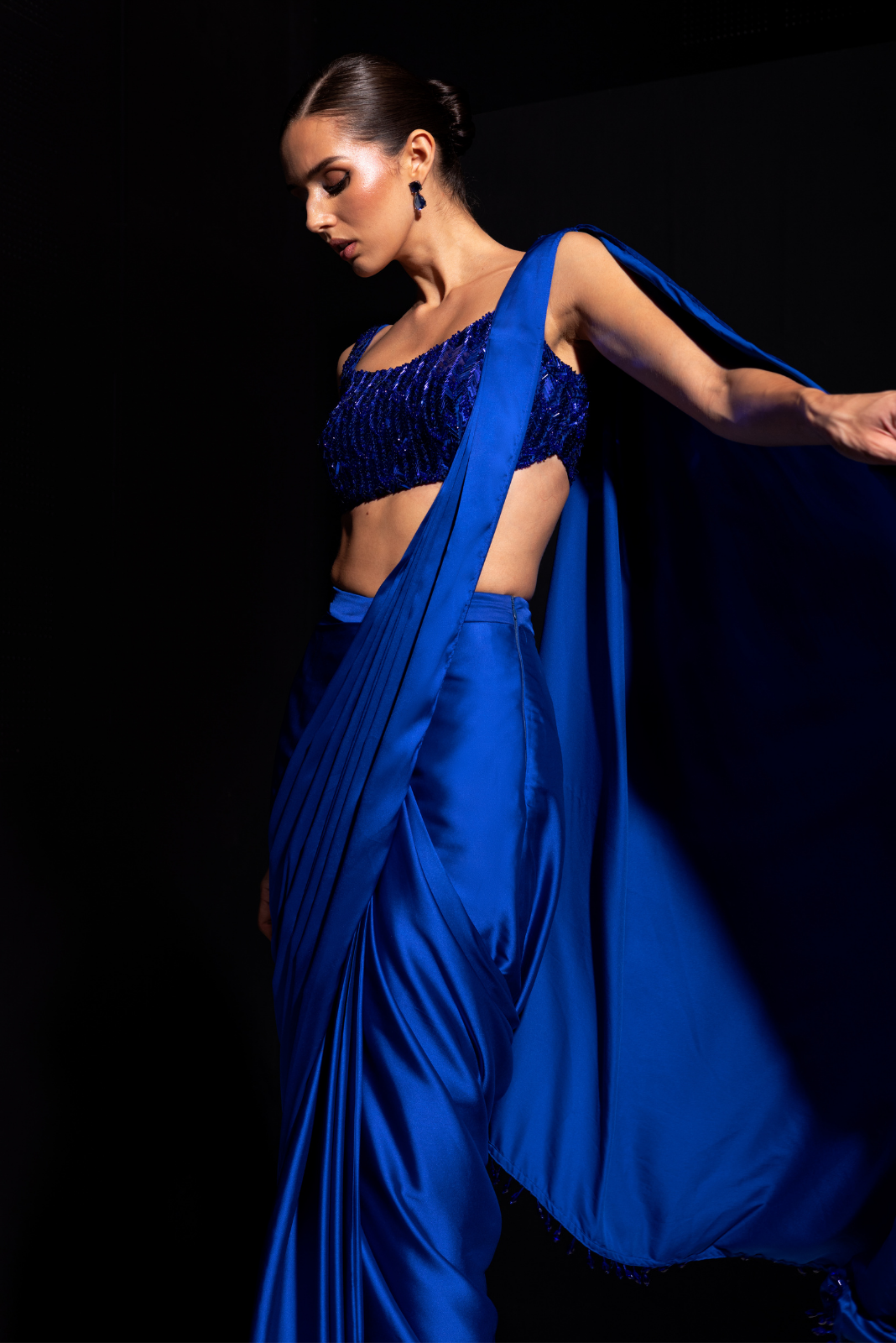 Electric Blue Metallic Embroidery Blouse with Pre draped Saree - Vivid