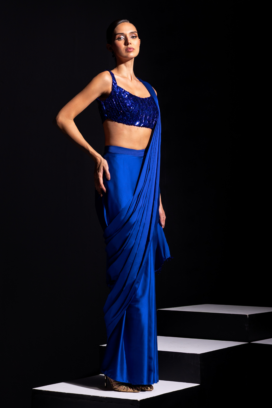 Electric Blue Metallic Embroidery Blouse with Pre draped Saree - Vivid
