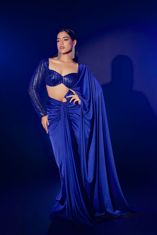 ⁠Electric Blue Full Sleeve Pre Draped Saree
