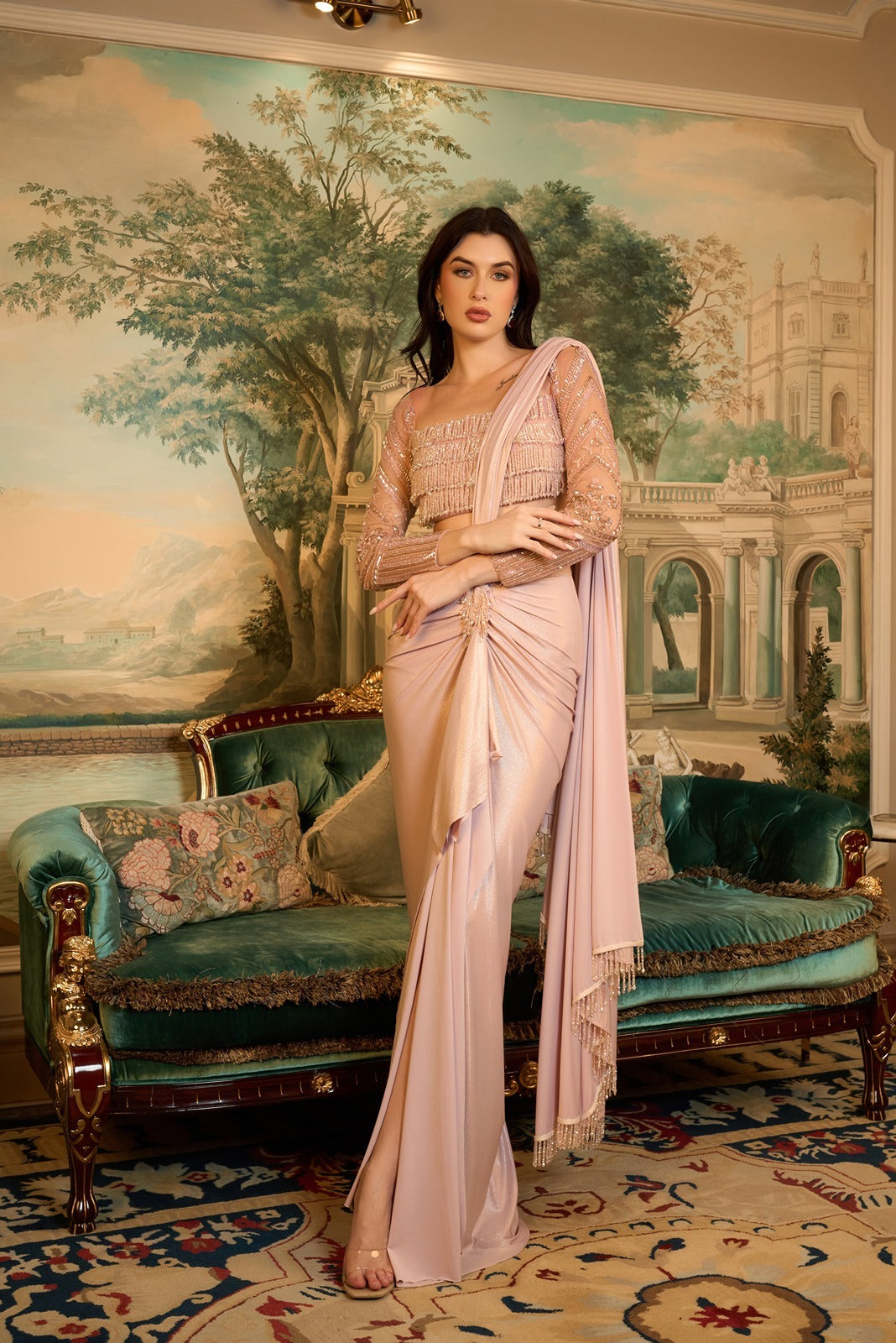 Pre-Stitched Saree with Full Sleeved Rose Gold Blouse