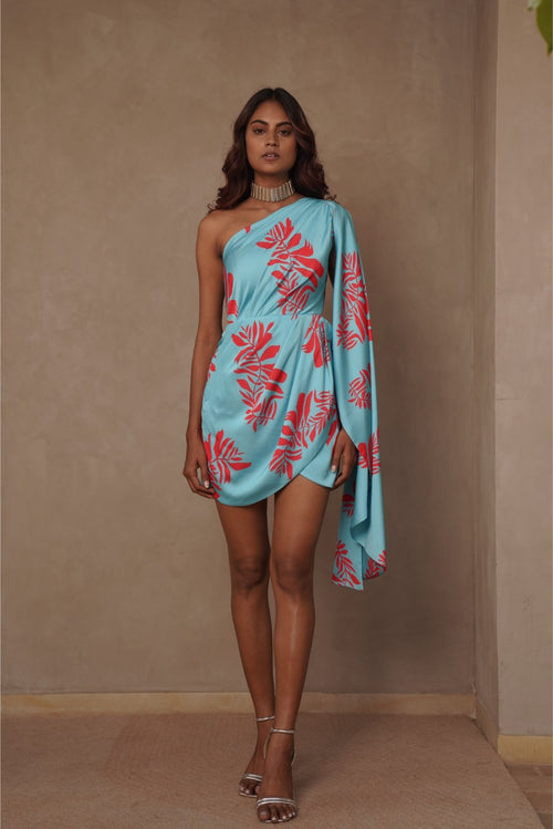 Blue One Shoulder Drape Dress- Flame