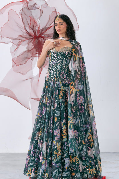 Green Corset with Flared Skirt and Choker - Chandrika