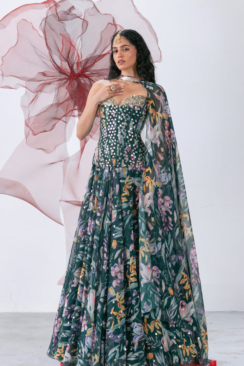 Green Corset with Flared Skirt and Choker - Chandrika