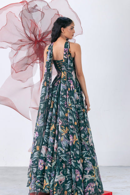 Green Corset with Flared Skirt and Choker - Chandrika