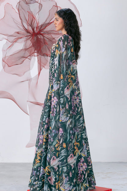 Green Corset with Flared Skirt and Choker - Chandrika