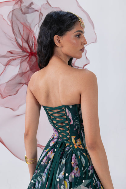 Green Corset with Flared Skirt and Choker - Chandrika