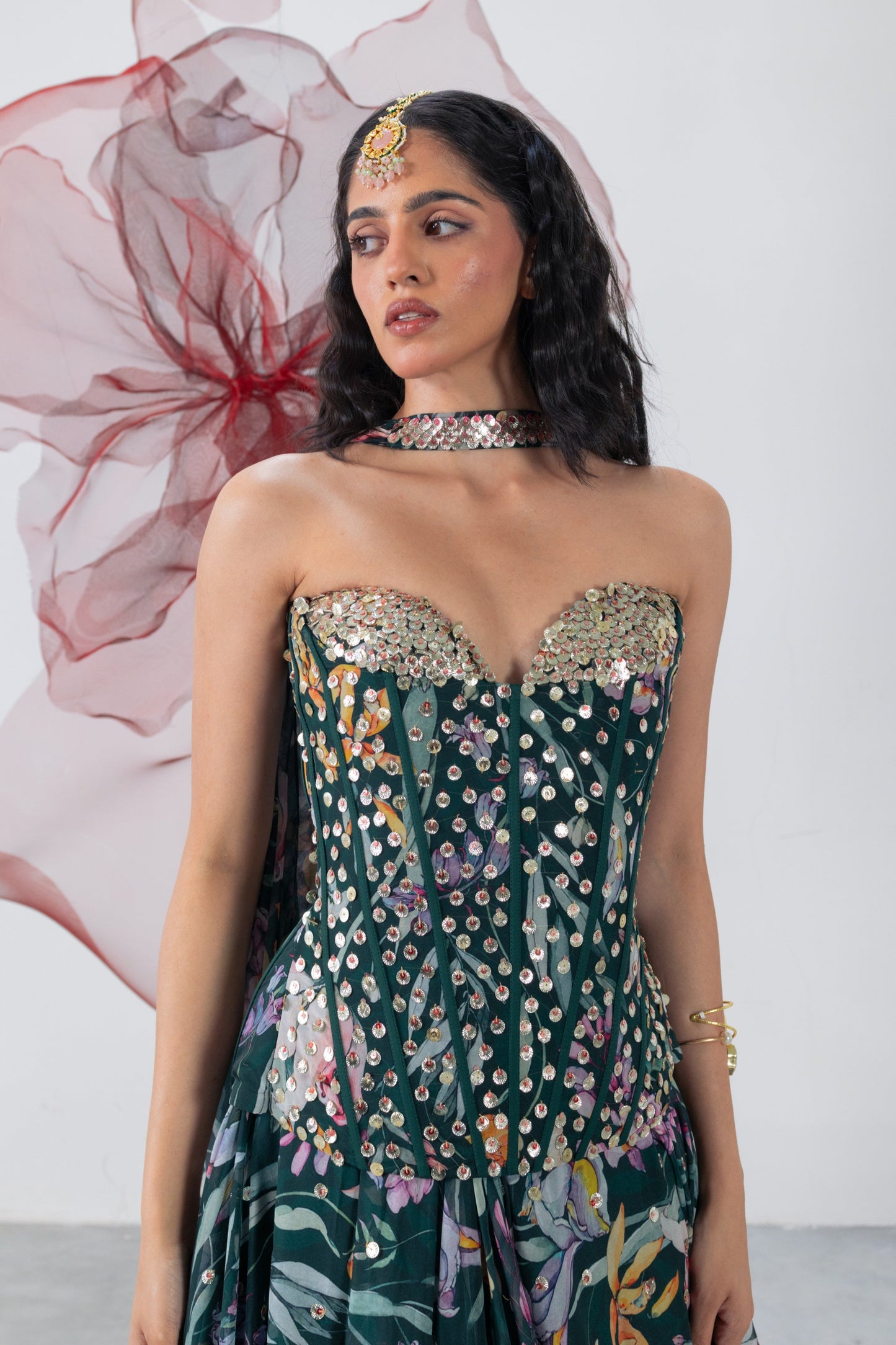 Green Corset with Flared Skirt and Choker - Chandrika
