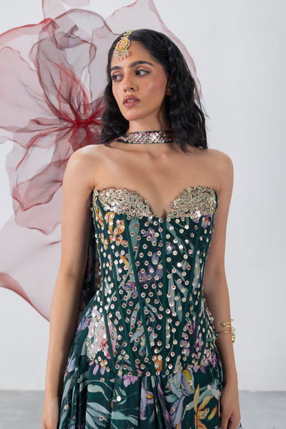 Green Corset with Flared Skirt and Choker - Chandrika