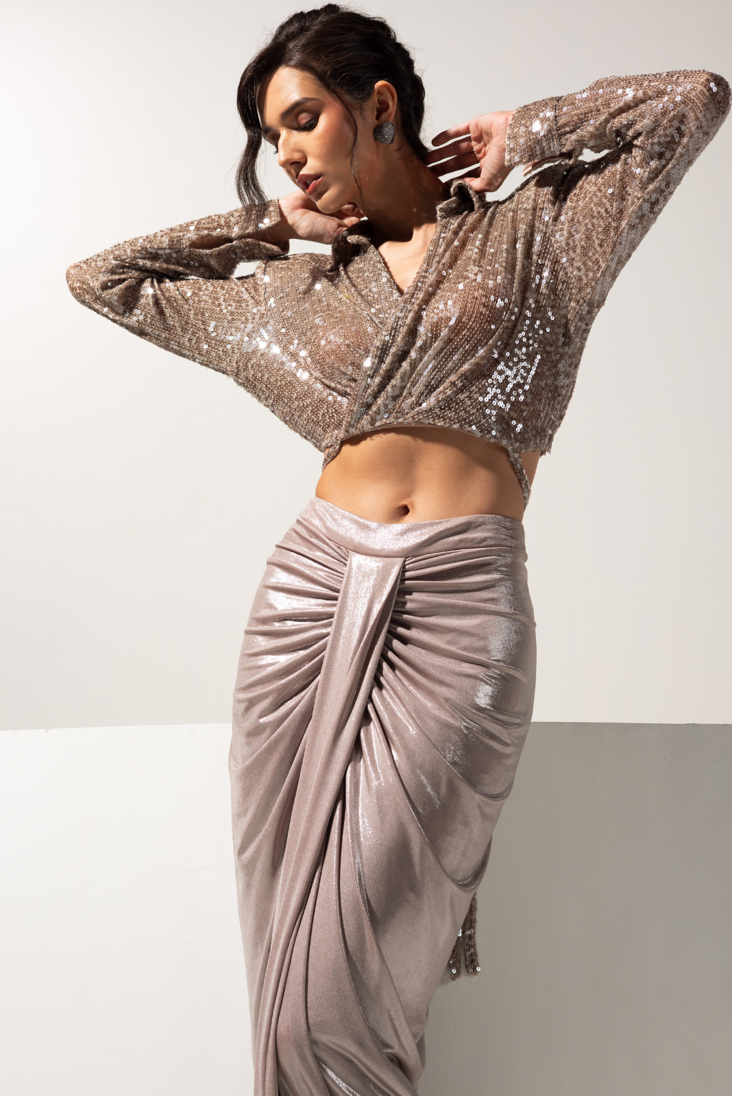 Metallic Brown Free size Shirt with Centre Drape Skirt - Sienna