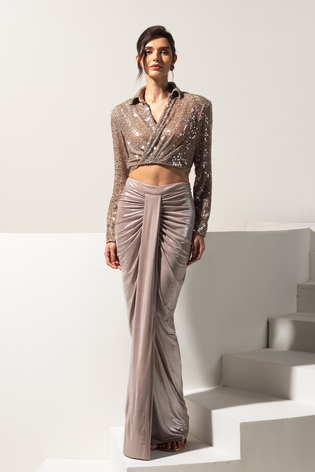 Metallic Brown Free size Shirt with Centre Drape Skirt - Sienna