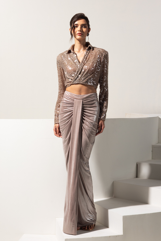 Metallic Brown Free size Shirt with Centre Drape Skirt - Sienna